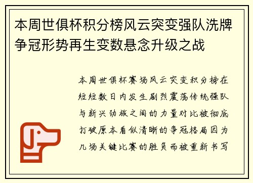 本周世俱杯积分榜风云突变强队洗牌争冠形势再生变数悬念升级之战